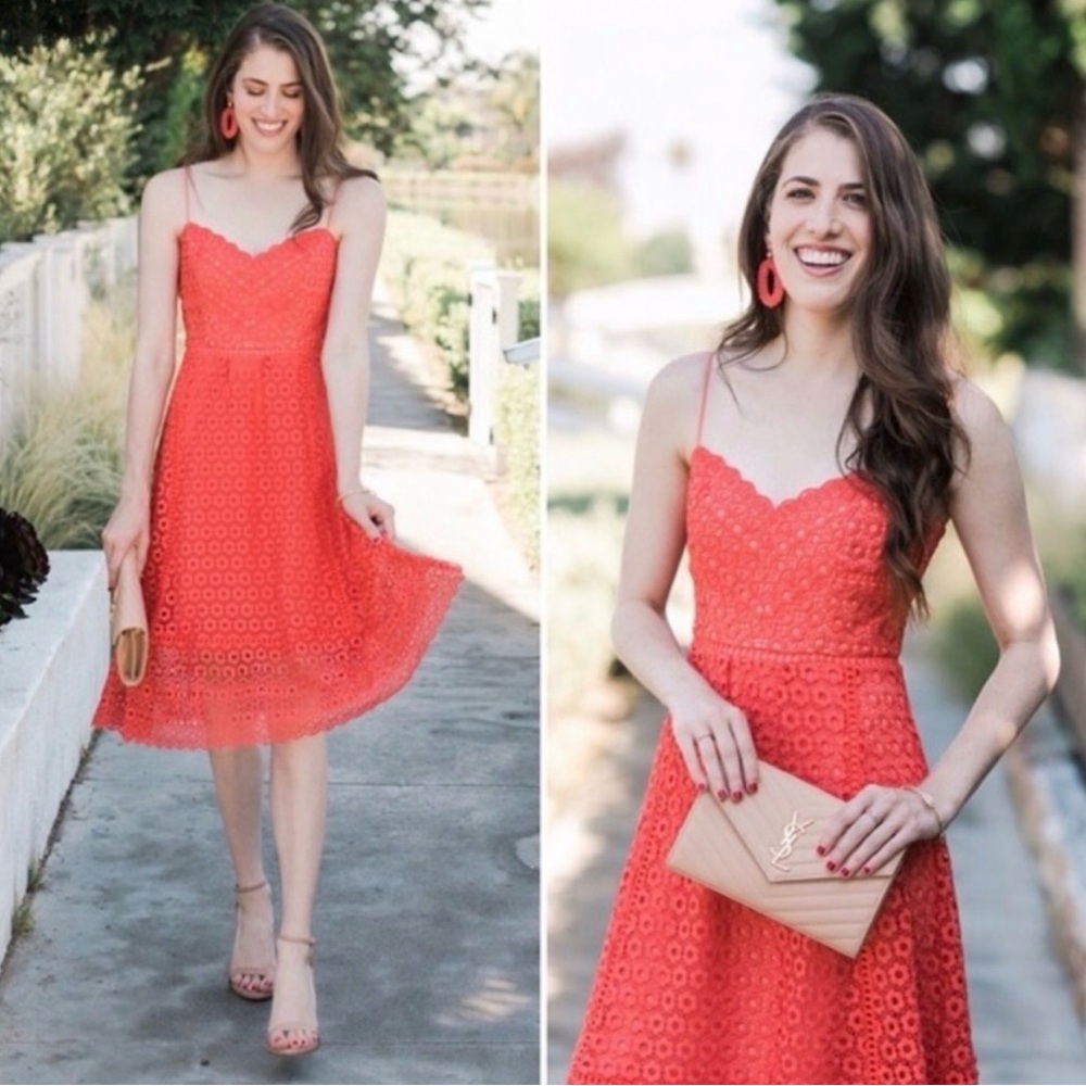 J.Crew Orange Lace Dress Size 14 Fit & Flare Spaghetti Strap Lined